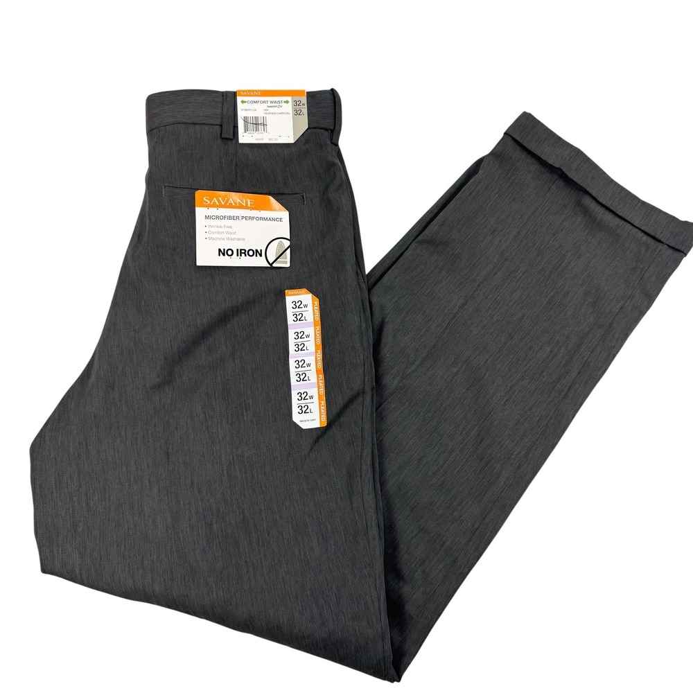 Savane Performance Dress Pants Mens 32x32 Gray Pleated No Iron Cuffed NEW $65